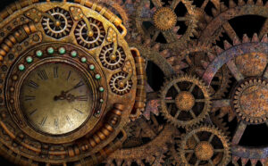 A clock face and lots of clock workings